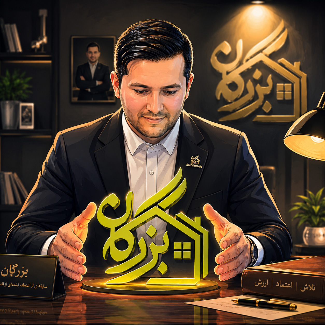 تصویر آریا شاهبداغی در دفتر املاک بزرگان